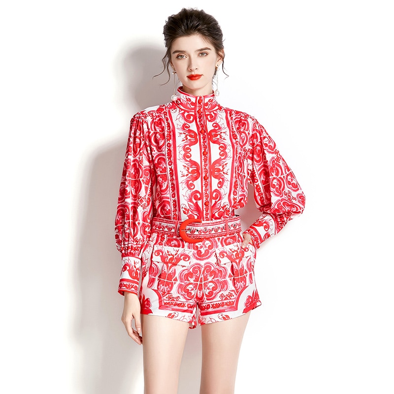 High Quality Print High Neck Lantern Long Sleeve Belted 2 Piece Set