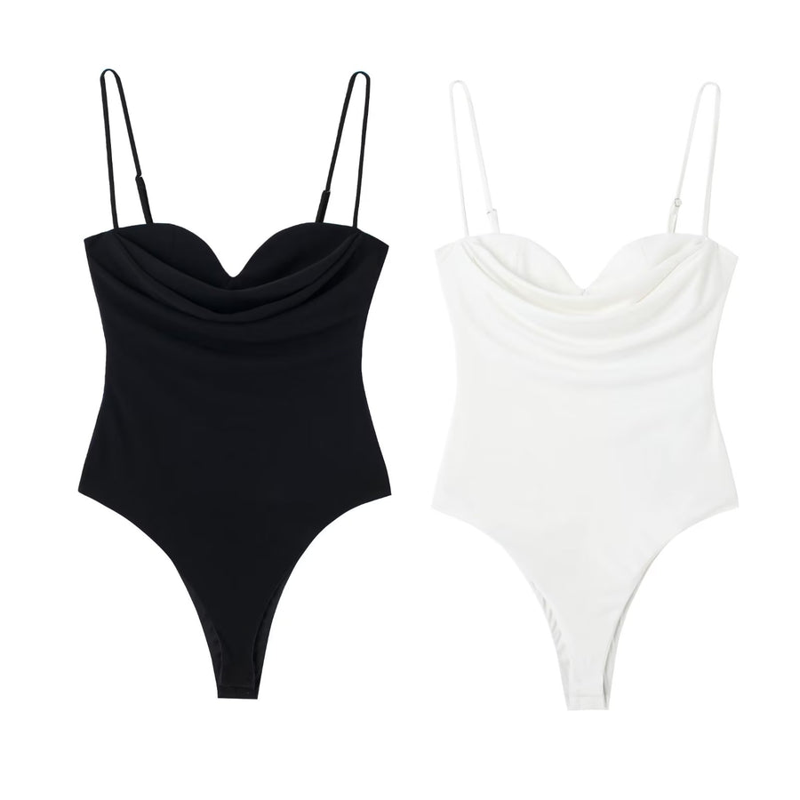 Sexy Black and White V Neck Spaghetti Straps Zipper Bodysuits