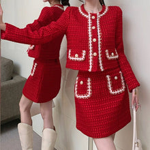 Autumn Winter Fashion Plaid Red Woolen Two Piece Set Women Pearls Single Breasted Fringed Tweed Jacket Coat + Pocket Mini Skirt