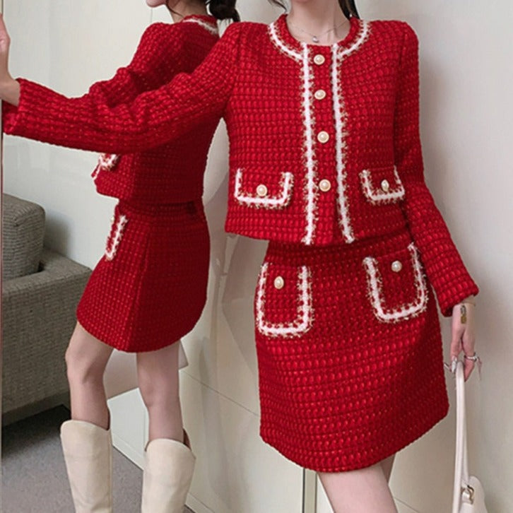 Eterna Women's Plaid Woolen Two Piece Set