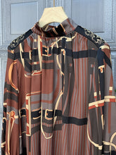 High Quality Lantern Sleeve Stand Collar Striped Silk Satin Shirt