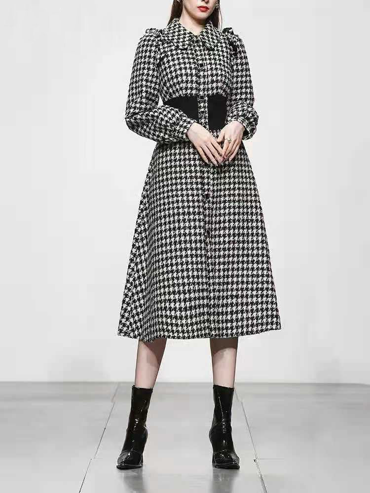 Elegant Long Sleeve Plaid Tweed Office Dresses