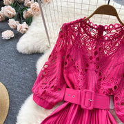 High quality vintage belted round neck half sleeve hollow out lace dress