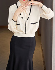 High Quality Long Sleeve Lace Up Chiffon Vintage Blouse