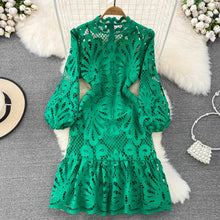 High Quality Vintage High Waist Puff Sleeve Stand Collar Mermaid Lace Short Floral Embroidery Lace Dress