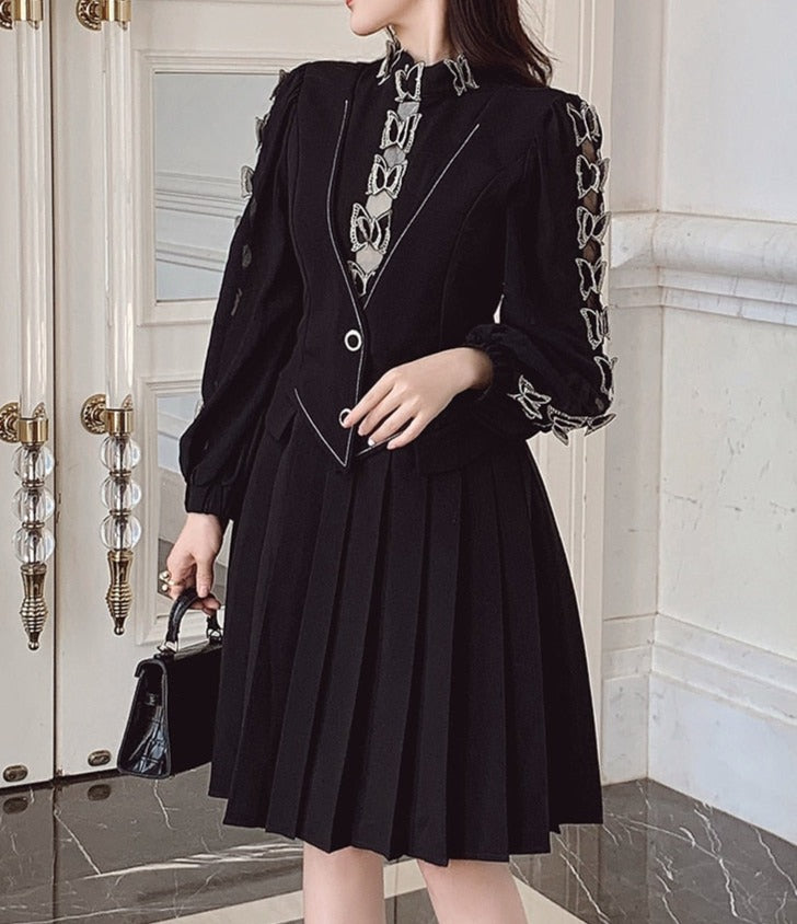 High Quality Pleated Long Sleeve Black Elegant Dress