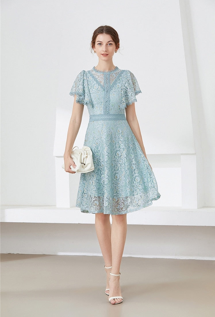 High quality multi color vintage designer flared elegant lace dress