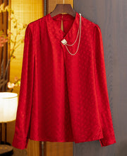 Red long-sleeved silk jacquard shirt with high-quality collar detail