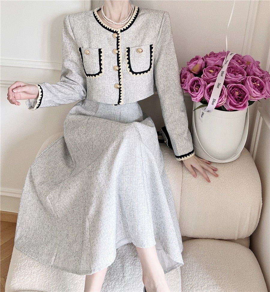 European Long Sleeves Two Piece Elegant Vintage Tweed Dress White / L European Long Sleeves Two Piece Elegant Vintage Tweed Dress White / L