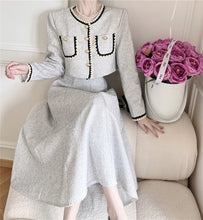 European Long Sleeves Two Piece Elegant Vintage Tweed Dress