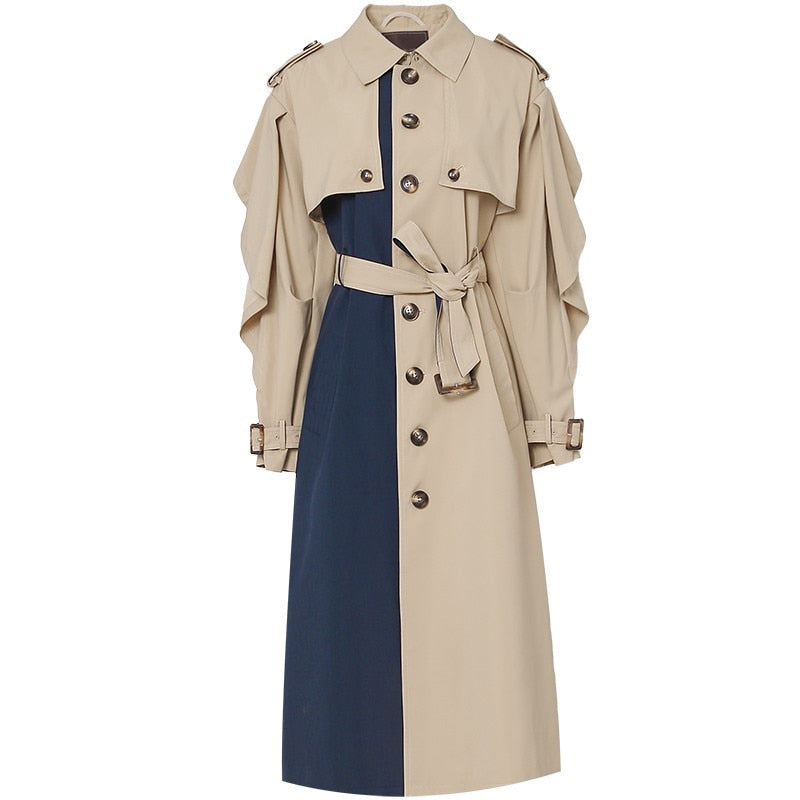 Trench Coat Contrast Dresses Korean Single-Breasted Retro Vestidos Fashion Party Casual Dress