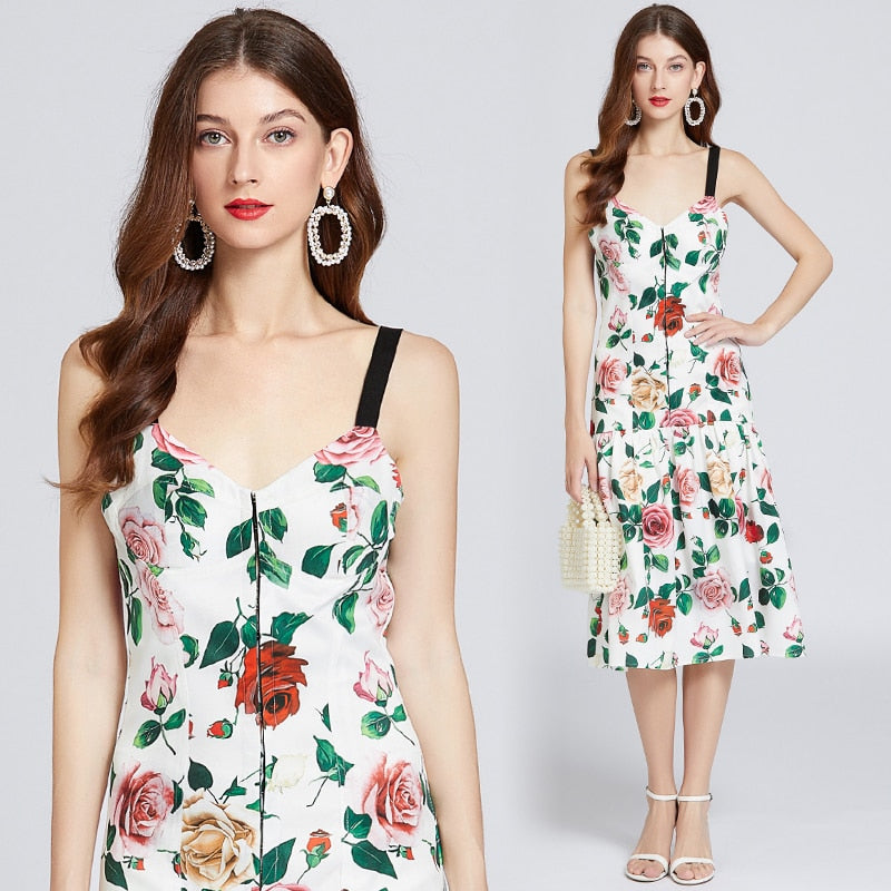 Sleeveless Floral Print Backless V Neck Knee Length Dress