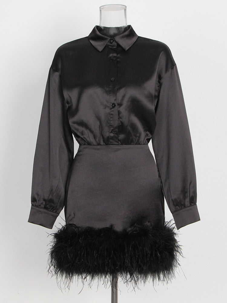 Sexy Feathered High Waist Long Sleeves Dress