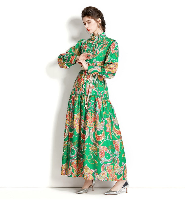 High Quality Loose Belt Floral Print Multicolor Long Sleeve Lantern Dress