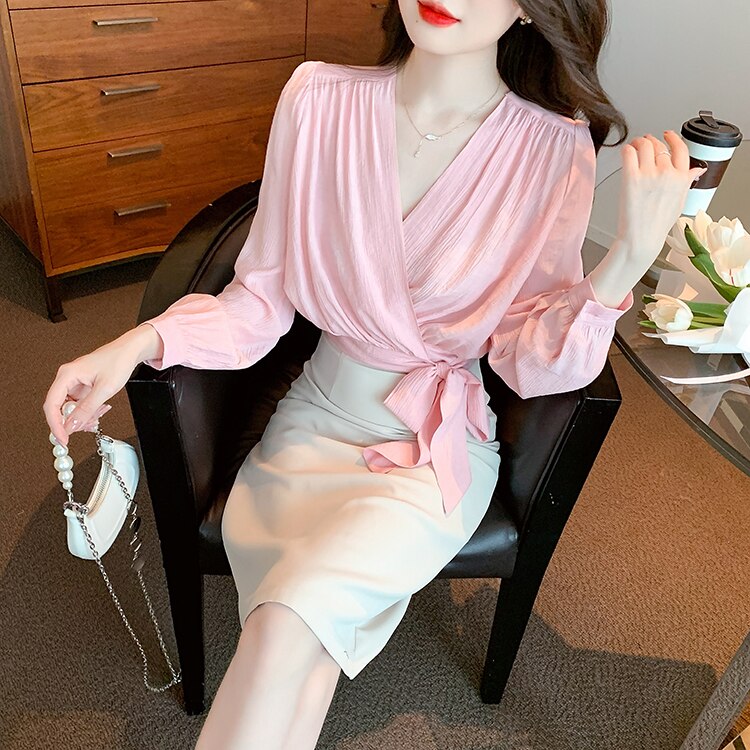 High Quality Long Sleeves V Neck Loose Elegant Vintage Pink Blouses