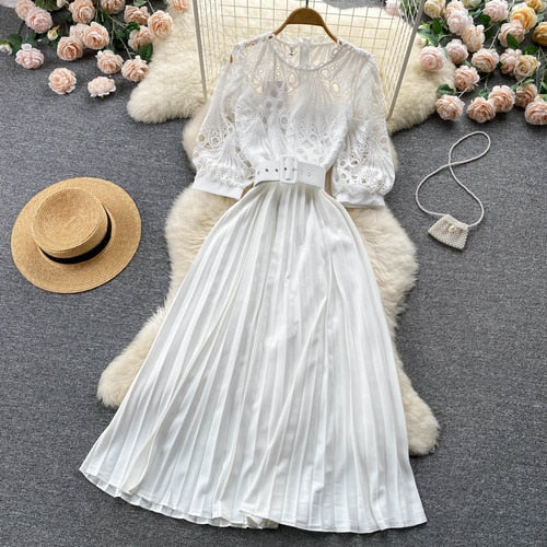 High-quality multi-color belted pleated lace dress with long sleeves