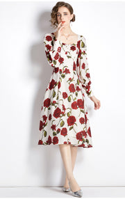 Women Autumn Elegant Floral Dress Festa High Quality Cocktail Party Robe Femme Vintage Square Collar Designer Vestidos