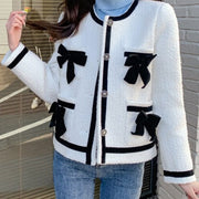 Classic Style Chunky Contrast Color Bow Knitted Tweed Jacket