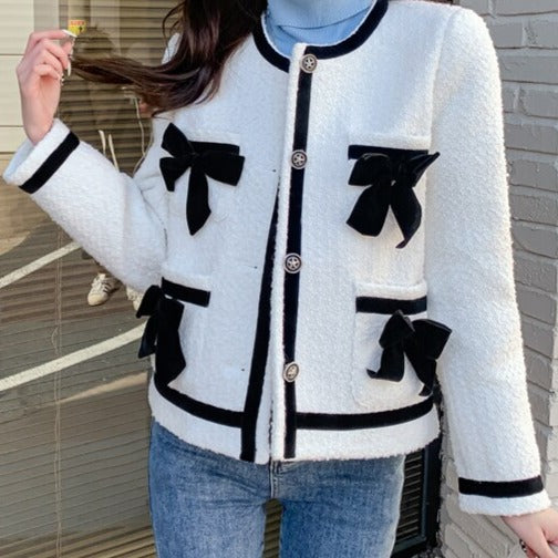 Classic Style Chunky Contrast Color Bow Knitted Tweed Jacket