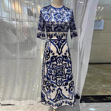 Knee Length Dress O-Neck Short sleeve Blue and White Porcelain fitted midi with print