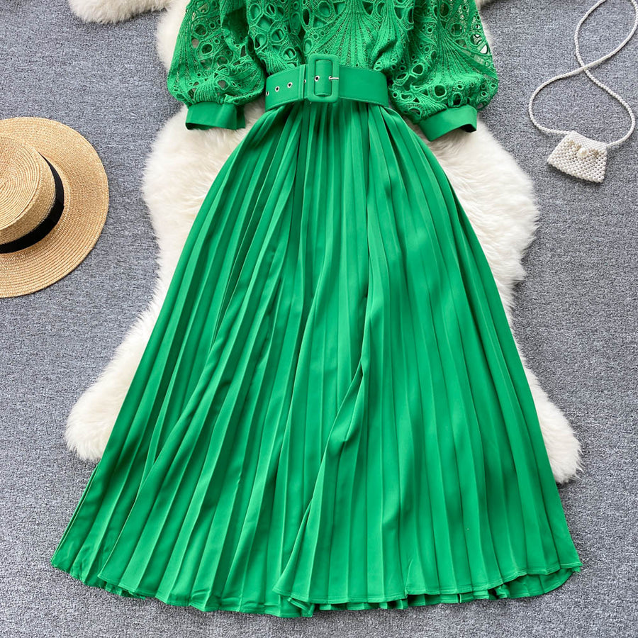 High-quality multi-color belted pleated lace dress with long sleeves