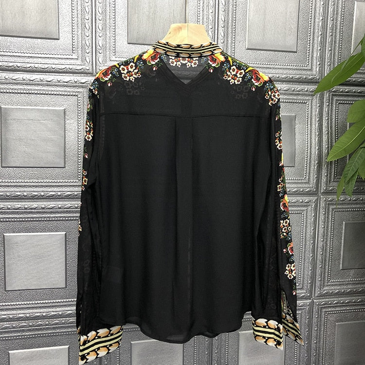 High Quality Stand Collar Retro Print Long Sleeve Silk Black Shirt