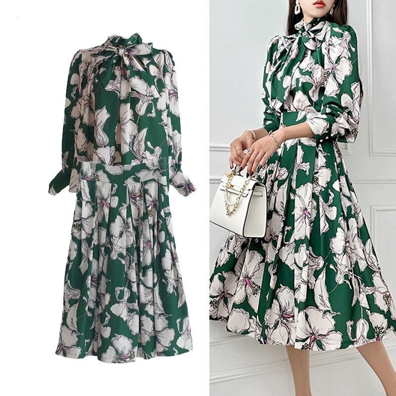 High Quality Floral Print Bow Blouse+Knee Length Skirt 2 Piece Set