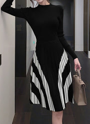 High Quality Striped Long Sleeves Pleated A Line Sweater Dress