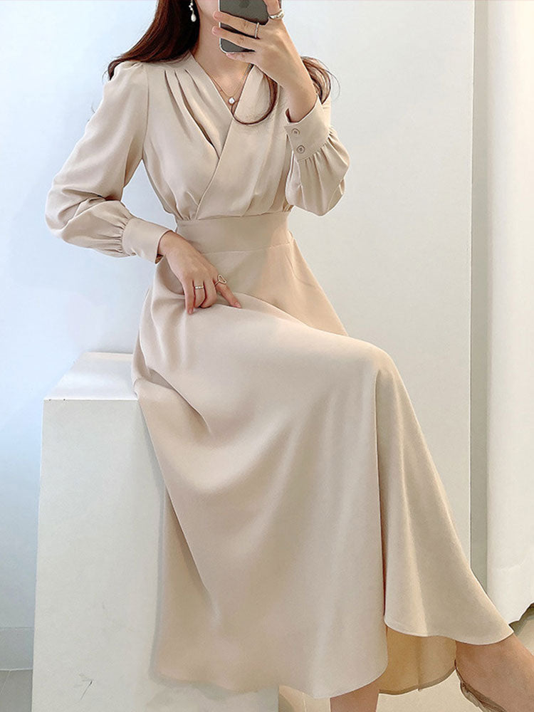 High Quality V Neck Long Midi Dress Luxury Elegant Solid High Waist Dress