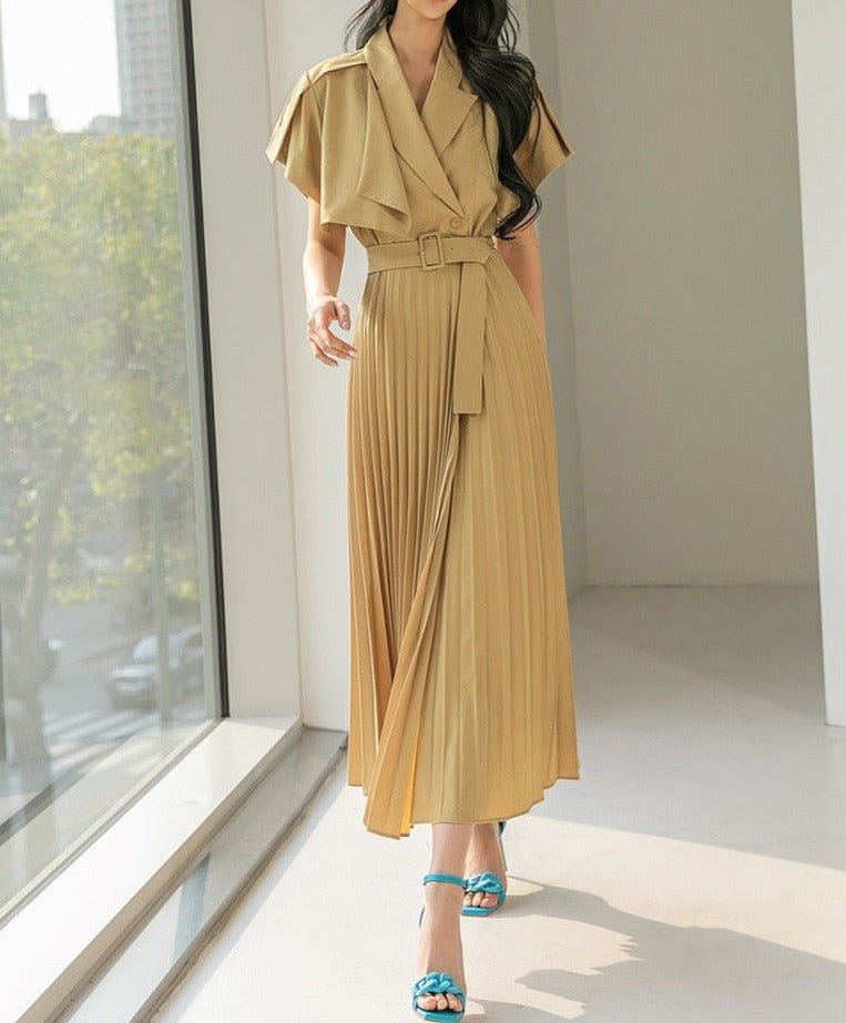 High Quality Slim Waist Belted Short Sleeve Pleated Notched Neck Elegant Dress