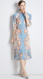 High Quality Belted Long Sleeve Flower Print Midi Dress