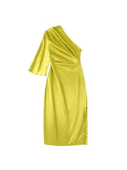 Nine Quarter Sleeve Side Slit Yellow Satin One Shoulder Midi Dress