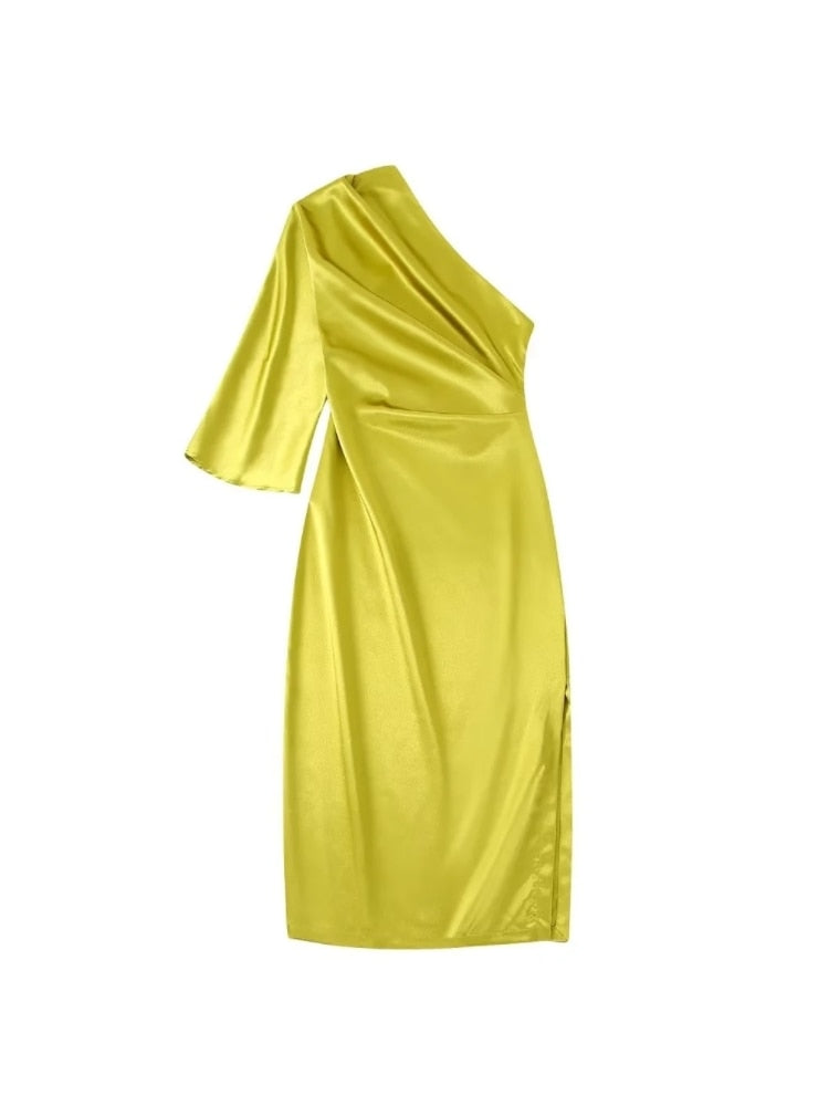 Nine Quarter Sleeve Side Slit Yellow Satin One Shoulder Midi Dress
