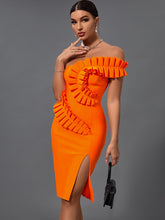High Quality Sexy One Shoulder Elegant Orange Ruffles Bandage Dress