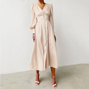 V Neck Long Sleeves Flared Maxi Dress