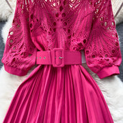 High-quality multi-color belted pleated lace dress with long sleeves