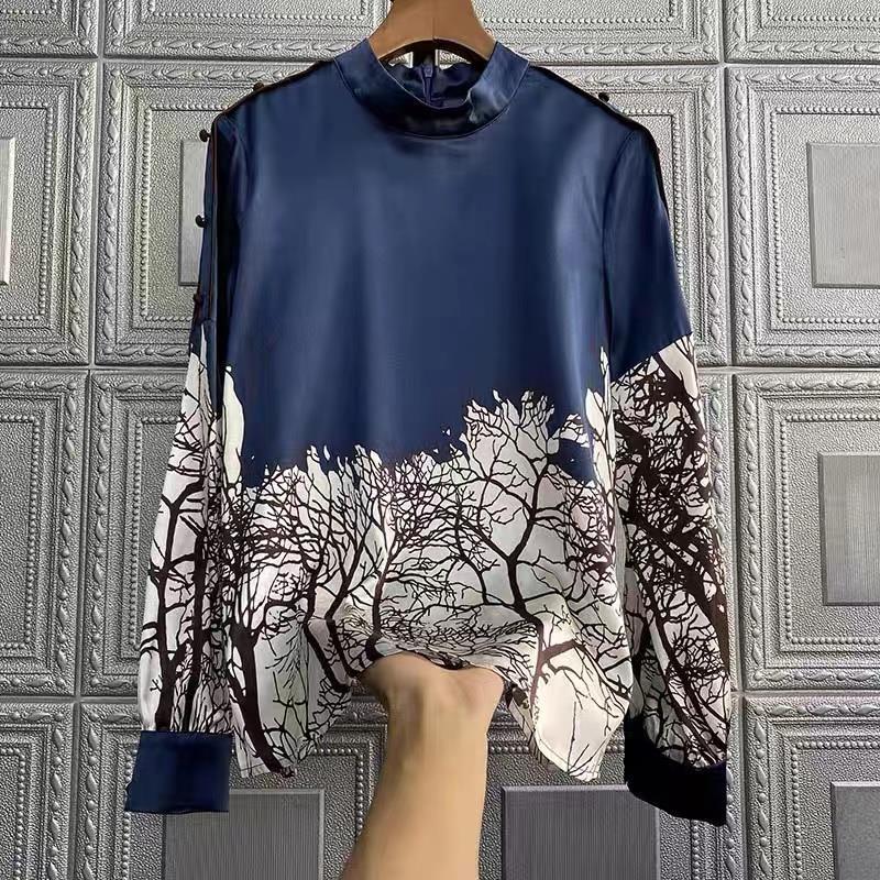 High Quality Stand Collar Long Sleeve Silk Shirt