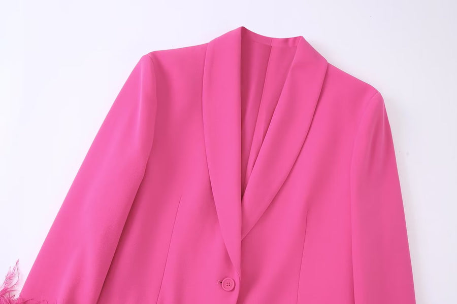 Pink Feather Blazer Woman Straight Button Jacket Women Fashion Streetwear Blazer Women Long Sleeve Blazers for Women Coats