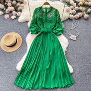 High quality vintage belted round neck half sleeve hollow out lace dress