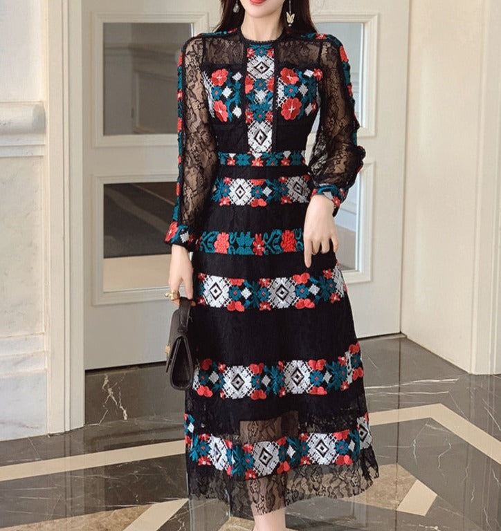 High Quality Long Sleeve Embroidery Elegant Lace Dresses