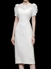 White High Quality Puff Sleeve Bodycon Elegant Midi Sheath Dress