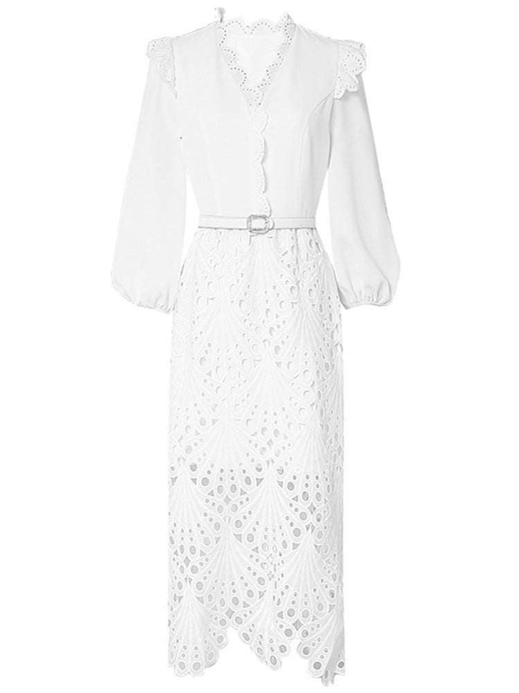 High Quality French White Lace V Neck Long Sleeve Belt Elegant Dress