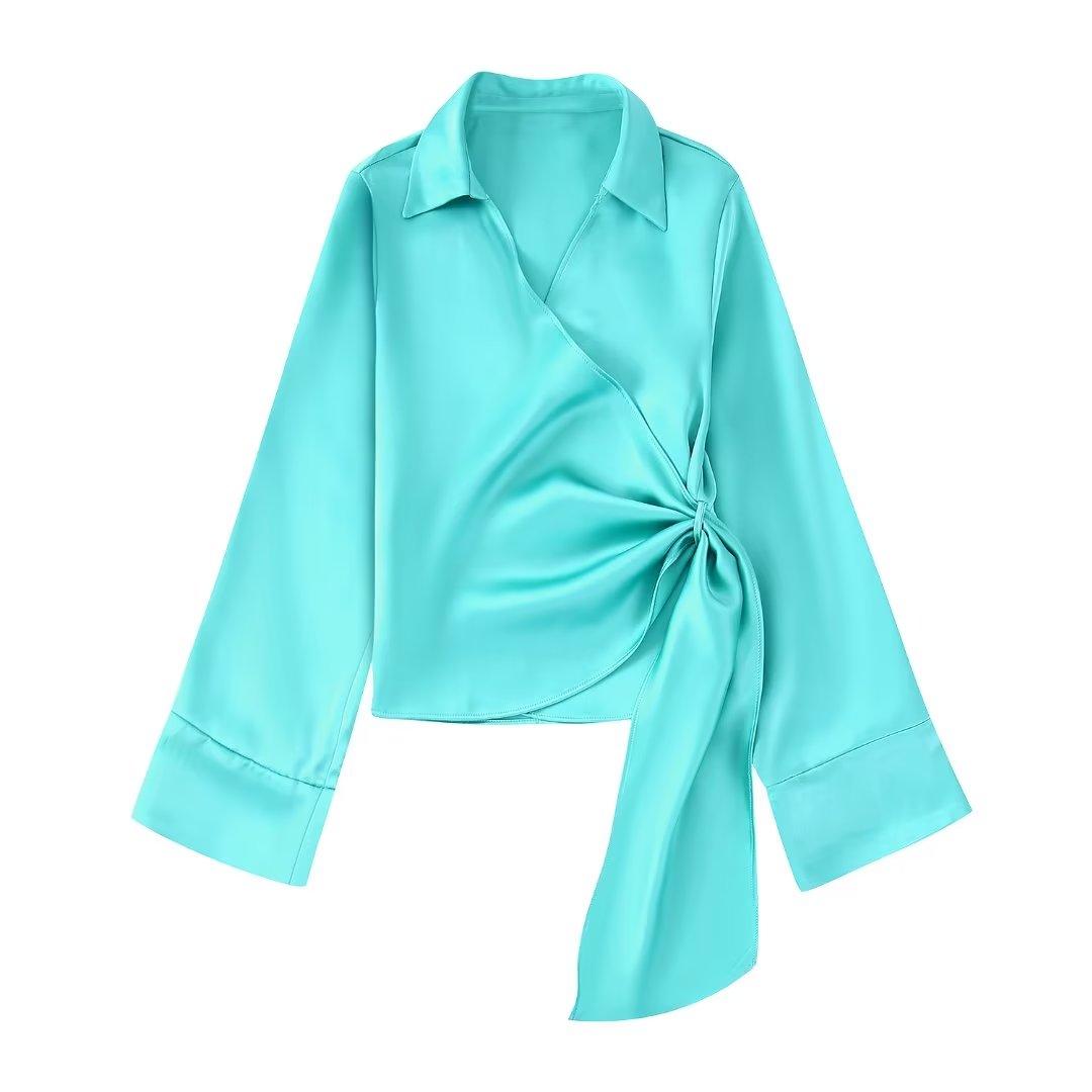 Women Fashion Solid Color Soft Satin Bow Tied Kimono Smock Blouse Female Long Sleeve Casual Shirt Chic BlusasTops LS2001