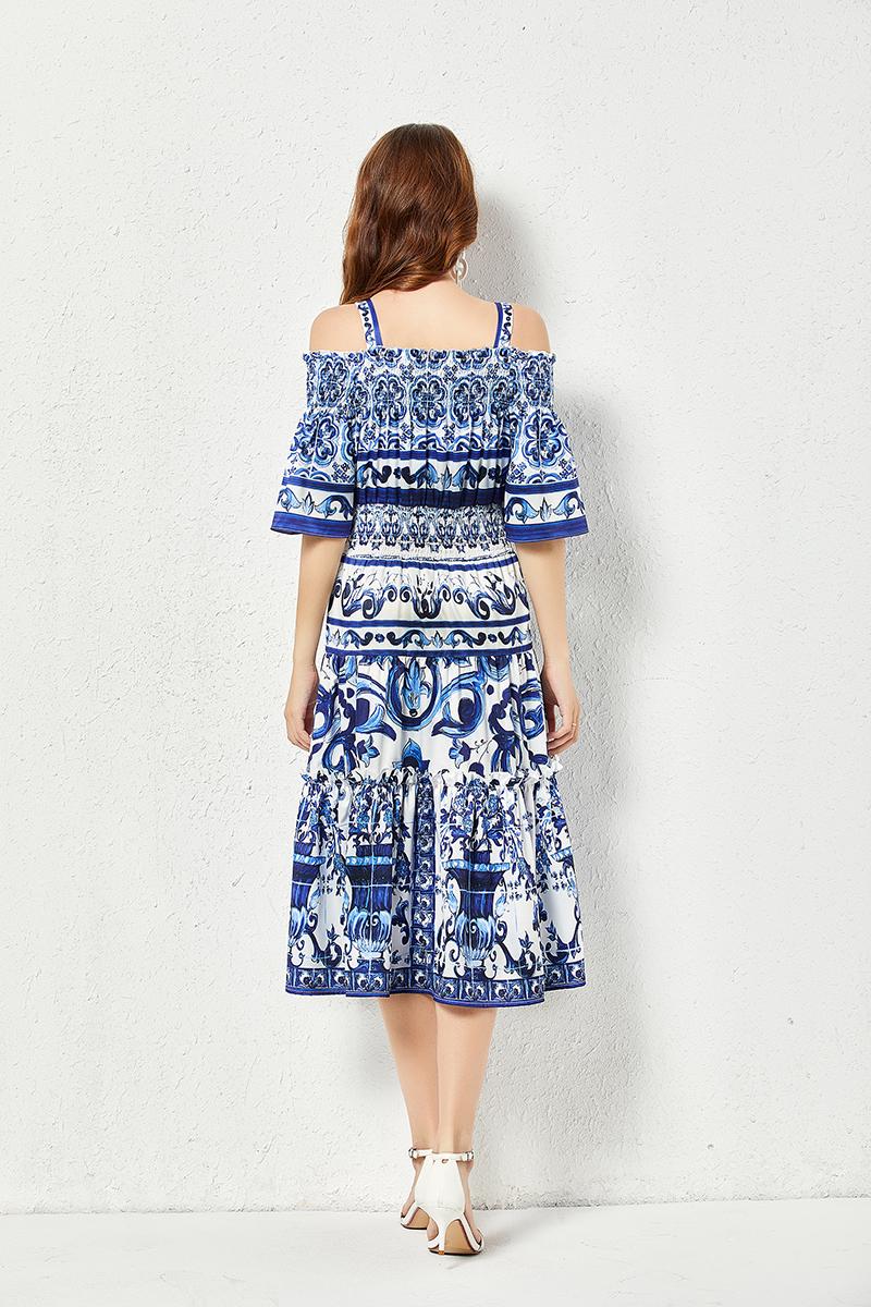 High quality midi flare sleeve cold shoulder blue and white porcelain print dress