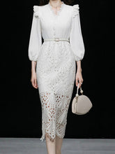 High Quality French White Lace V Neck Long Sleeve Belt Elegant Dress