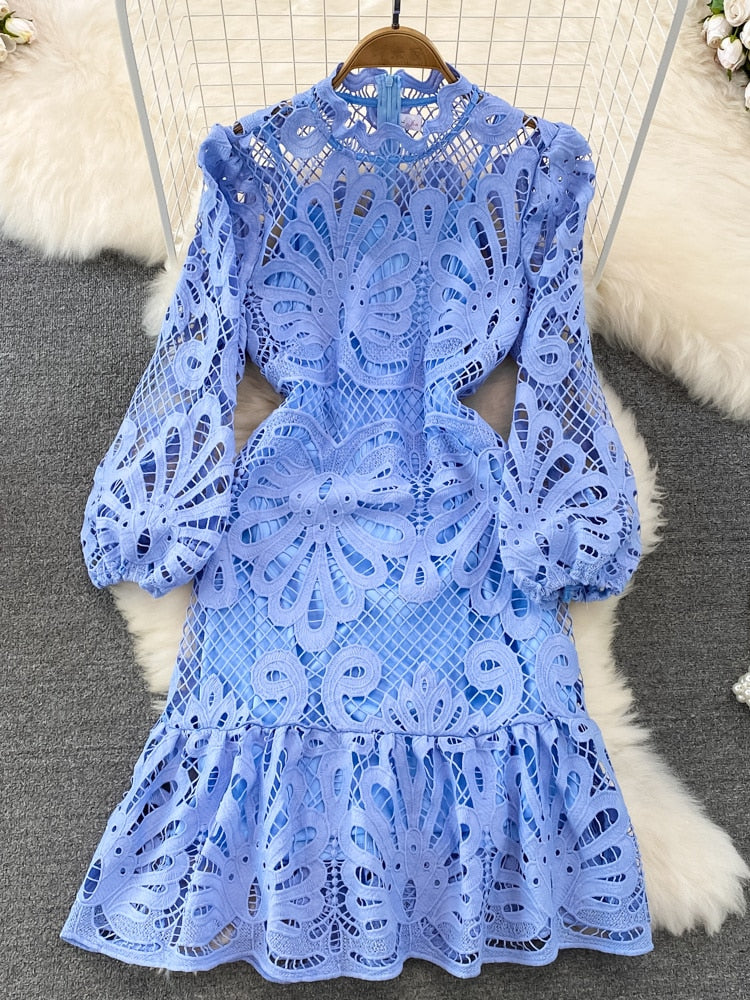 High Quality Vintage High Waist Puff Sleeve Stand Collar Mermaid Lace Short Floral Embroidery Lace Dress Blue / L High Quality Vintage High Waist Puff Sleeve Stand Collar Mermaid Lace Short Floral Embroidery Lace Dress Blue / L