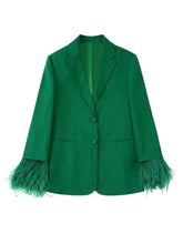 Two-piece set long-sleeved jacket with feather cuffs + pants with zipper