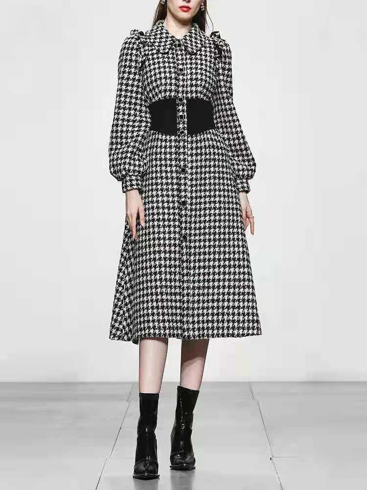 Elegant Long Sleeve Plaid Tweed Office Dresses