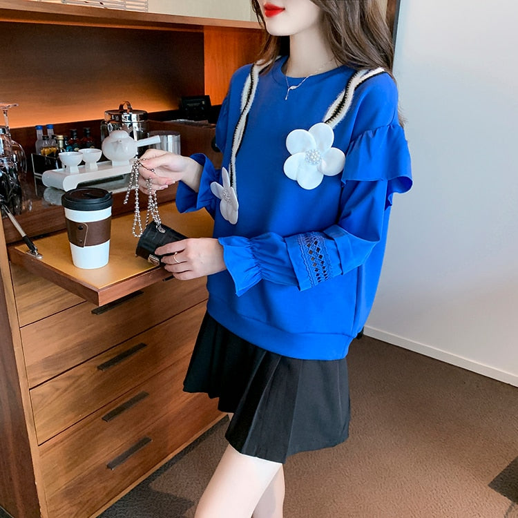 H Han Queen Autumn Women Hollow Stitching Flared Sleeve Sweatshirt Flowers Vintage Work Casual Tops Korean Design Loose T-Shirts