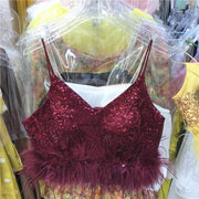 Short blouse with sequins and feathers in various colors